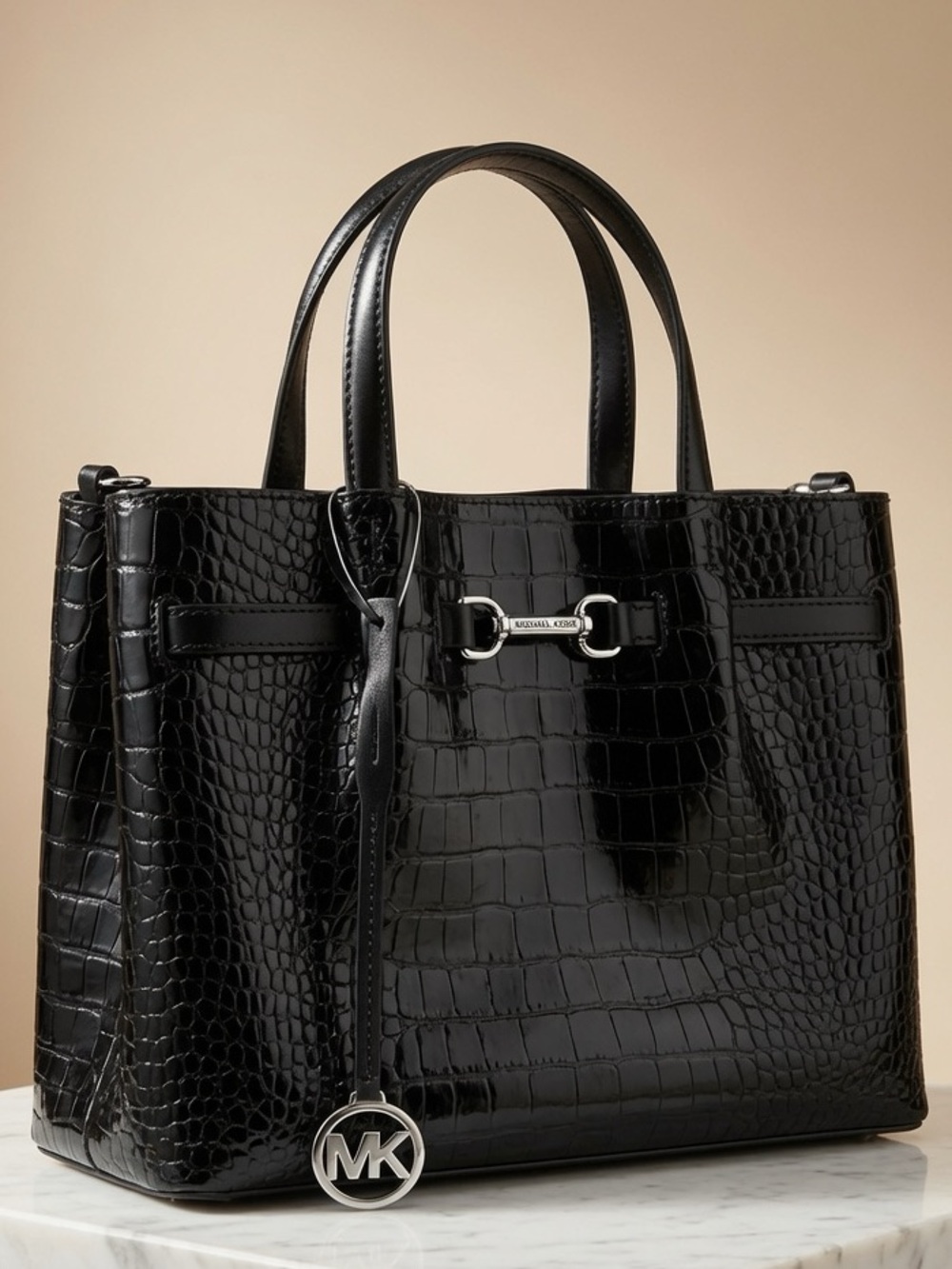 Michael Kors Black Croc-Embossed Patent Leather Tote